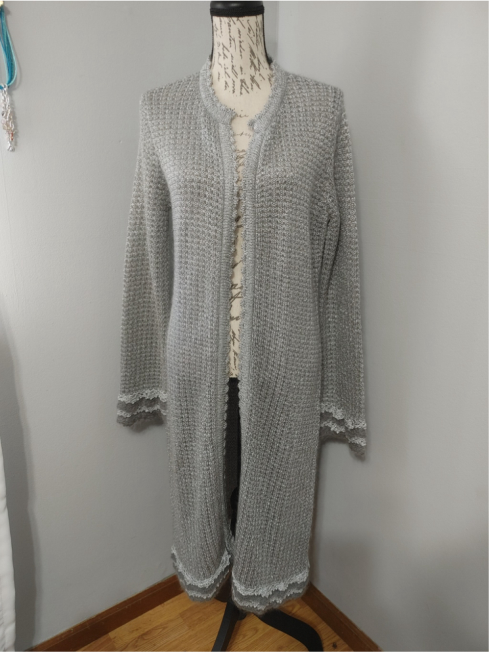Women's Vintage Y2K Moda International Silver Metallic Long Cardigan Duster M